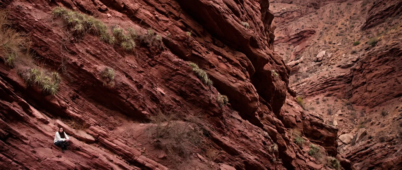 Red canyon cliffs with a lone hiker
