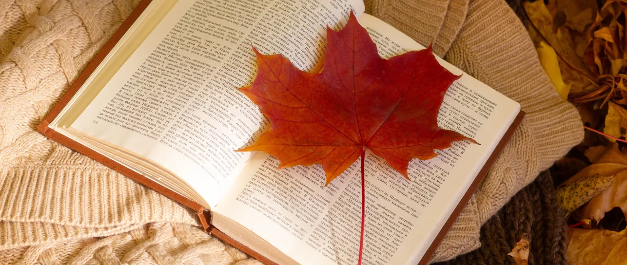 Open book with a red maple leaf on a knitted blanket