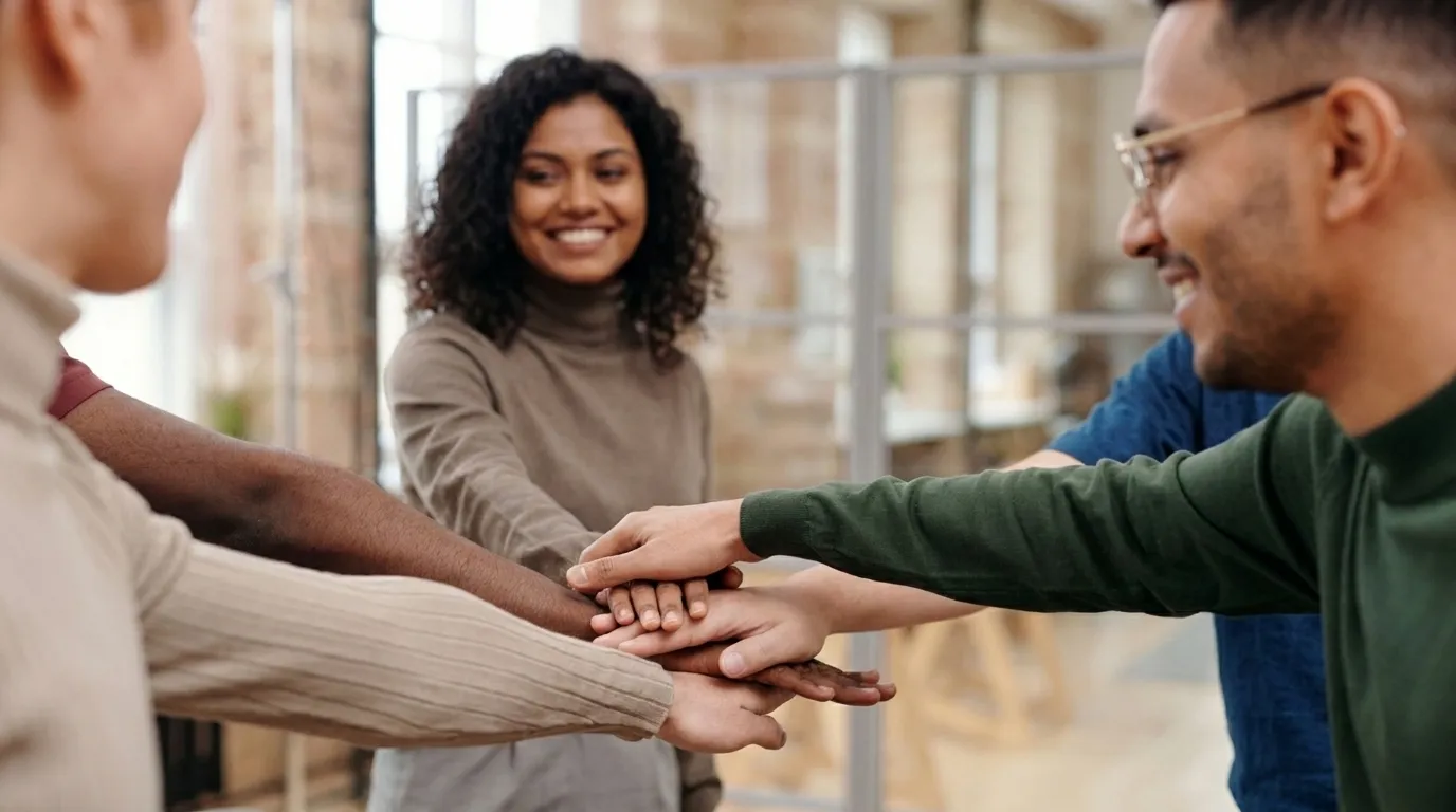 A team stacking their hands together in agreement