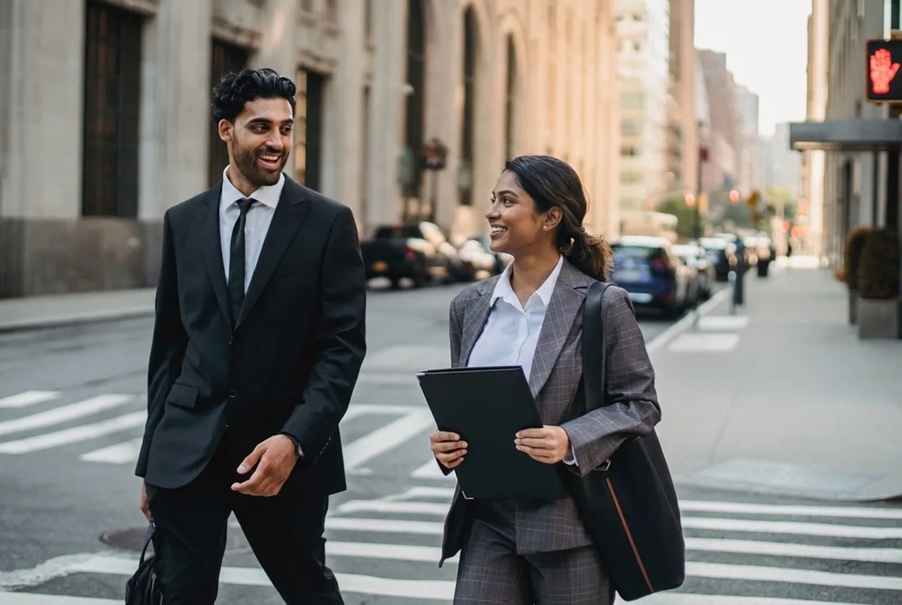 Two professionals in suits talking as they walk down a city street